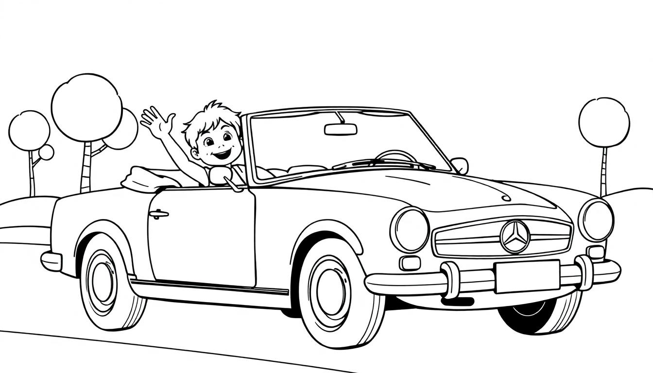 Schwarz-Weiß-Farbtafel eines fröhlichen Jungen in einem Oldtimer-Cabriolet.