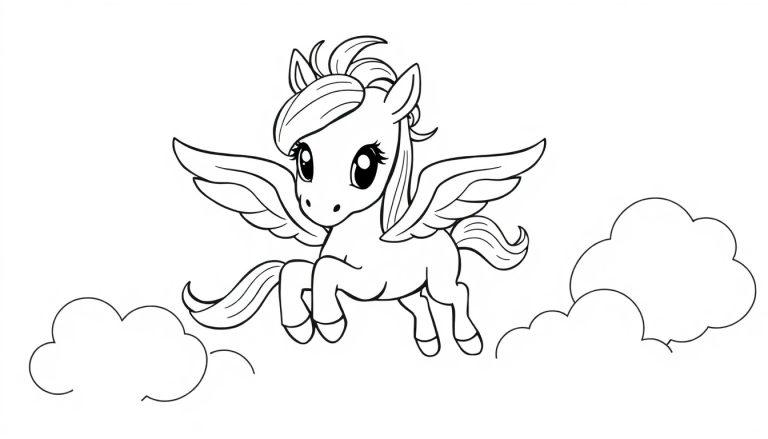 Ein süßes Pegasus-Fohlen fliegt durch Wolken. Schwarz-weiße Farbtafel zum Ausmalen für Kinder.