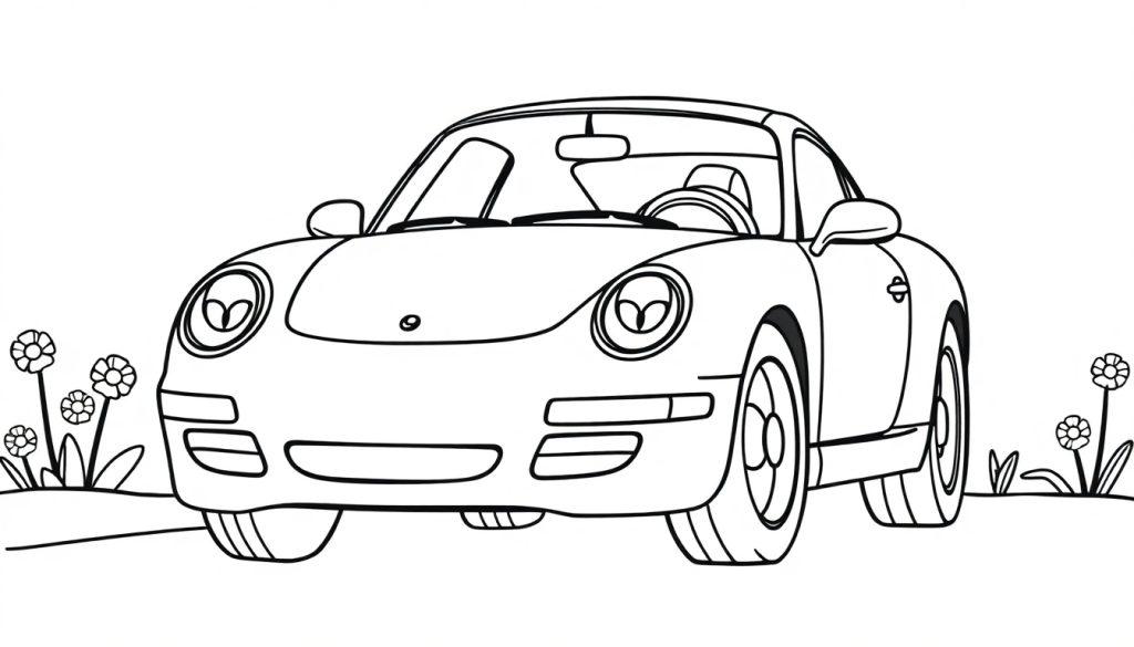 Eine Schwarz-Weiß-Farbtafel eines niedlichen Sportwagens, wahrscheinlich ein Porsche, mit Blumen im Hintergrund.
