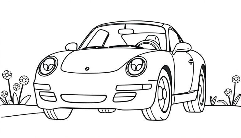 Eine Schwarz-Weiß-Farbtafel eines niedlichen Sportwagens, wahrscheinlich ein Porsche, mit Blumen im Hintergrund.