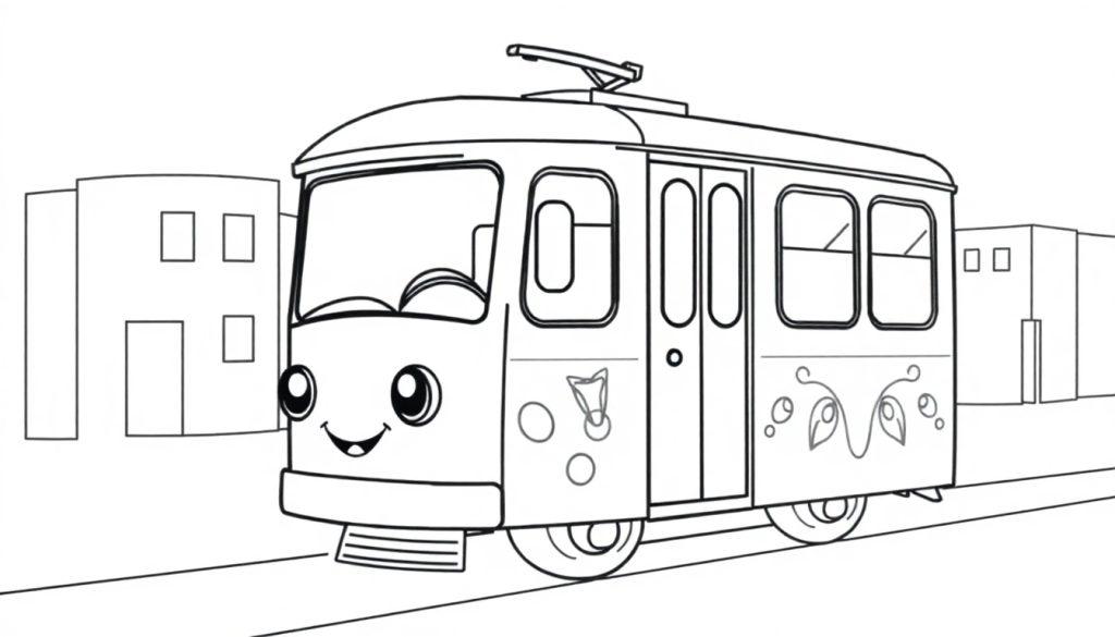 Eine süße Schwarz-Weiß-Farbtafel eines freundlichen Trolleybusses, der durch eine Stadt fährt.