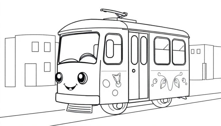Eine süße Schwarz-Weiß-Farbtafel eines freundlichen Trolleybusses, der durch eine Stadt fährt.