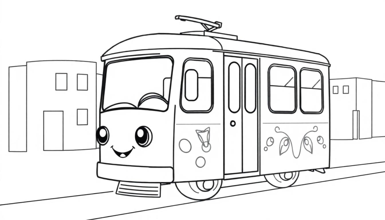 Eine süße Schwarz-Weiß-Farbtafel eines freundlichen Trolleybusses, der durch eine Stadt fährt.