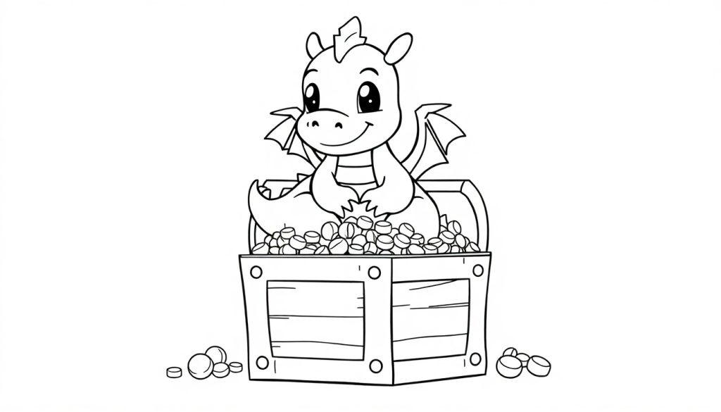 Ein niedlicher Cartoon-Drache sitzt in einer Schatztruhe voller Goldmünzen, perfekt für eine Farbtafel.