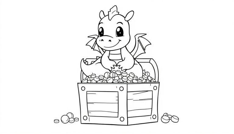 Ein niedlicher Cartoon-Drache sitzt in einer Schatztruhe voller Goldmünzen, perfekt für eine Farbtafel.