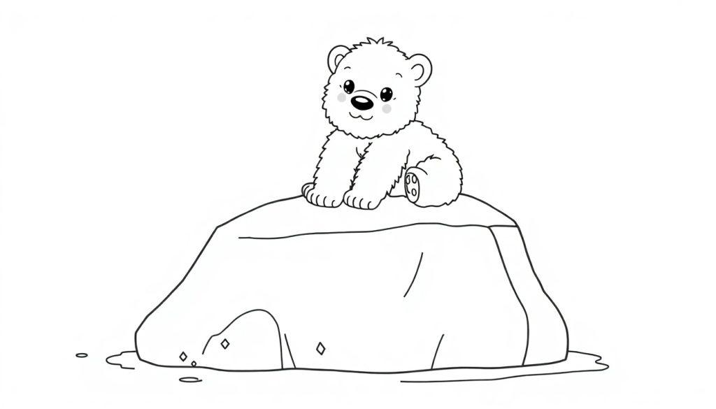 Schwarz-weiße Farbtafel-Zeichnung eines niedlichen Comic-Eisbären auf einem Eisblock, bereit zum Ausmalen.