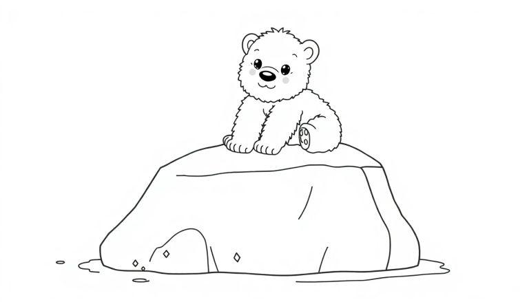 Schwarz-weiße Farbtafel-Zeichnung eines niedlichen Comic-Eisbären auf einem Eisblock, bereit zum Ausmalen.