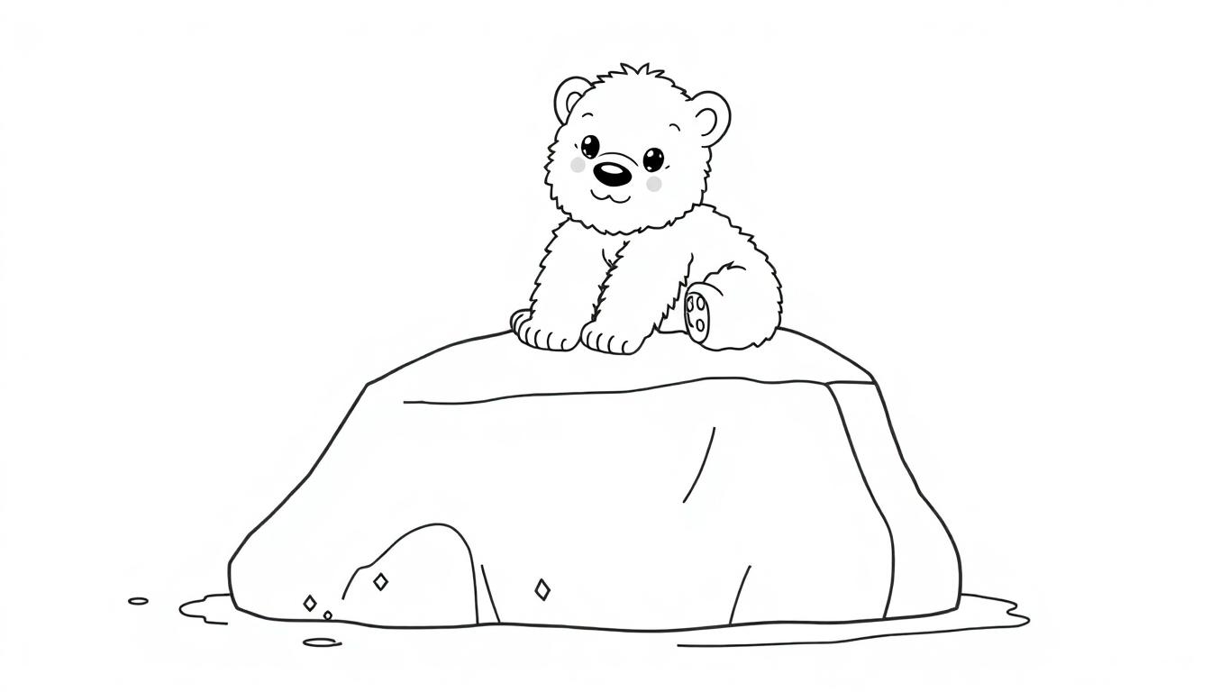 Schwarz-weiße Farbtafel-Zeichnung eines niedlichen Comic-Eisbären auf einem Eisblock, bereit zum Ausmalen.