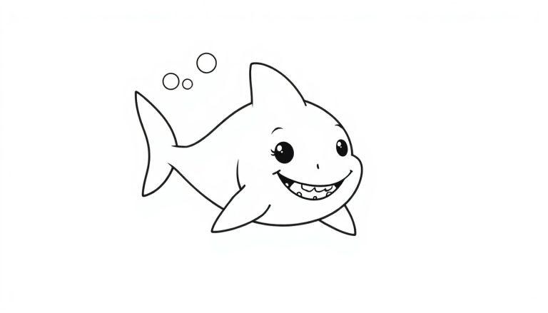 Schwarz-weiße Farbtafel eines niedlichen, cartoonartigen Haifisches mit großen Augen und einem Lächeln.