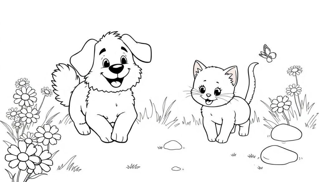 Schwarz-weiße Farbtafel: Ein fröhlicher Hund und eine Katze spielen im Garten mit Blumen und einem Schmetterling.