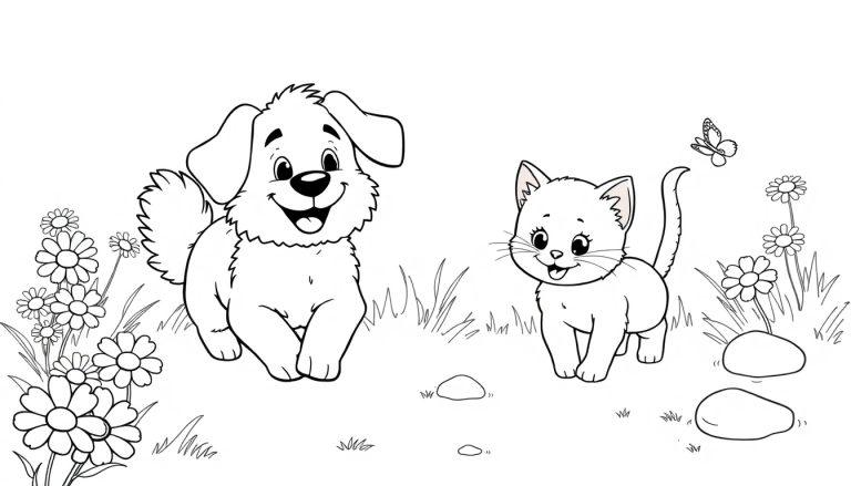 Schwarz-weiße Farbtafel: Ein fröhlicher Hund und eine Katze spielen im Garten mit Blumen und einem Schmetterling.