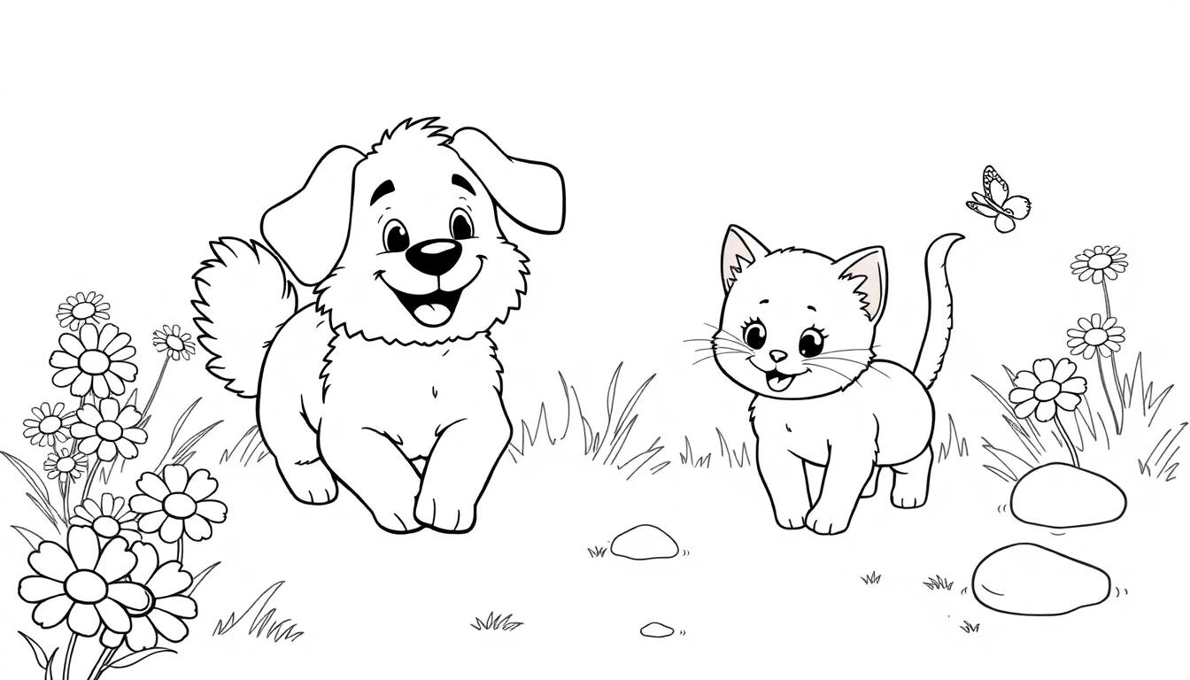 Schwarz-weiße Farbtafel: Ein fröhlicher Hund und eine Katze spielen im Garten mit Blumen und einem Schmetterling.