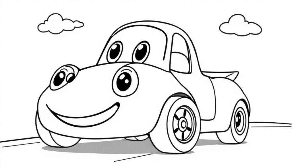 Eine schwarz-weiße Cartoon-Farbtafel eines Autos mit einem freundlichen Gesicht, bereit zum Ausmalen.