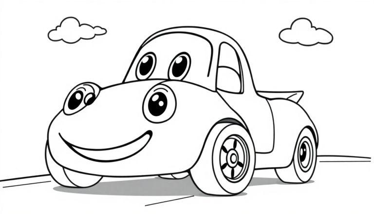 Eine schwarz-weiße Cartoon-Farbtafel eines Autos mit einem freundlichen Gesicht, bereit zum Ausmalen.