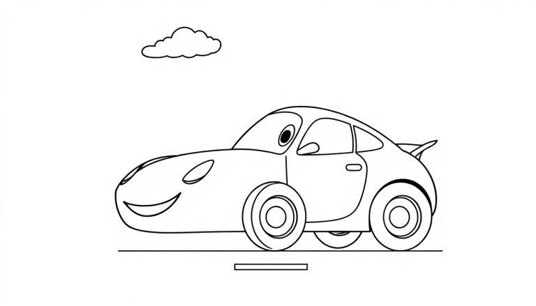 Schwarz-weiße Farbtafel eines lächelnden Cartoon-Autos mit einem großen Auge, das auf einer Straße fährt und von einer kleinen Wolke begleitet wird, bereit zum Ausmalen.