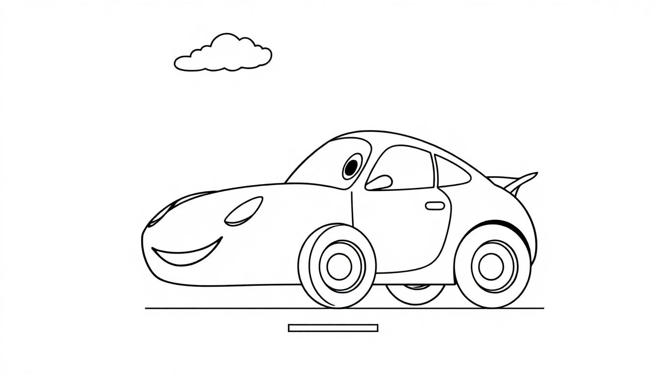 Schwarz-weiße Farbtafel eines lächelnden Cartoon-Autos mit einem großen Auge, das auf einer Straße fährt und von einer kleinen Wolke begleitet wird, bereit zum Ausmalen.