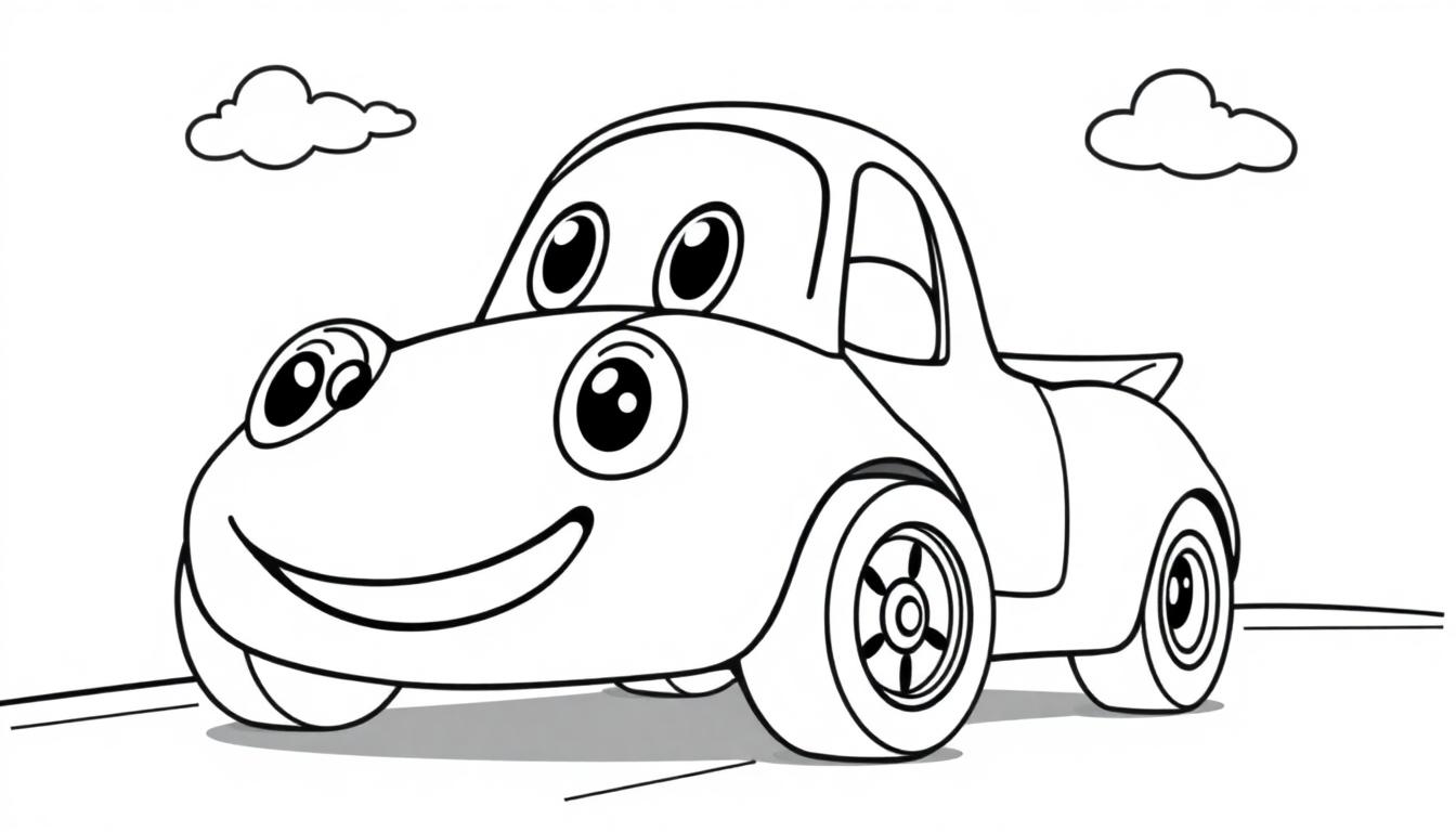 Eine schwarz-weiße Cartoon-Farbtafel eines Autos mit einem freundlichen Gesicht, bereit zum Ausmalen.