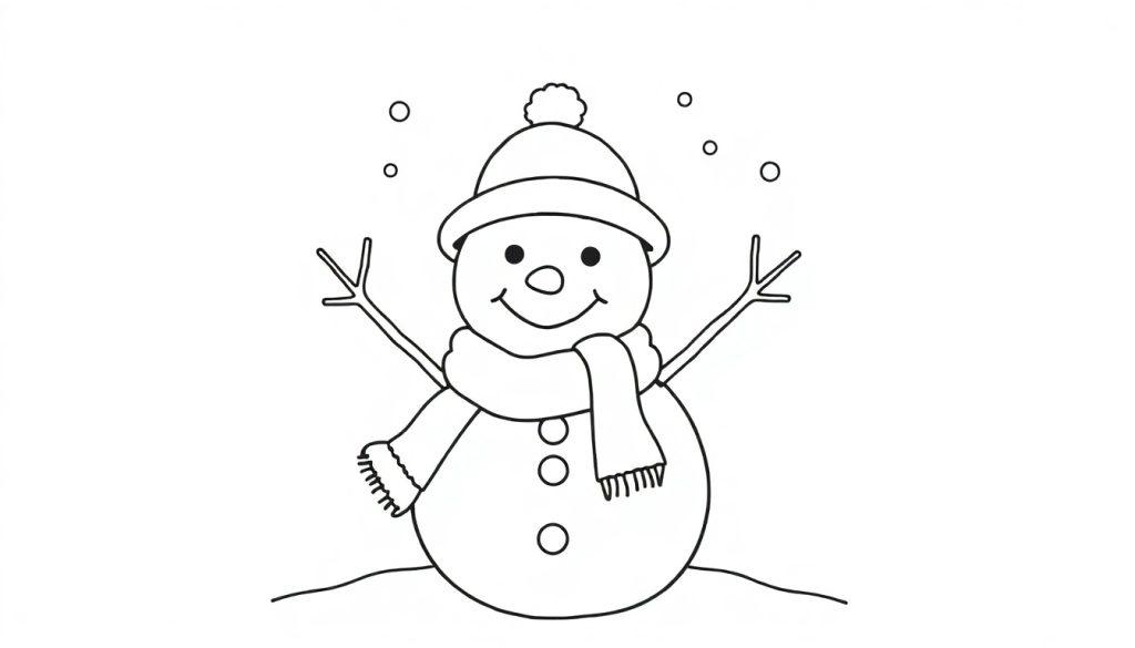 Schwarz-Weiß-Farbtafel: Ein fröhlicher Schneemann mit Hut, Schal und Ast-Armen.