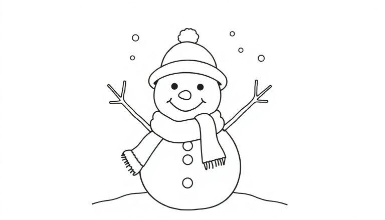 Schwarz-Weiß-Farbtafel: Ein fröhlicher Schneemann mit Hut, Schal und Ast-Armen.