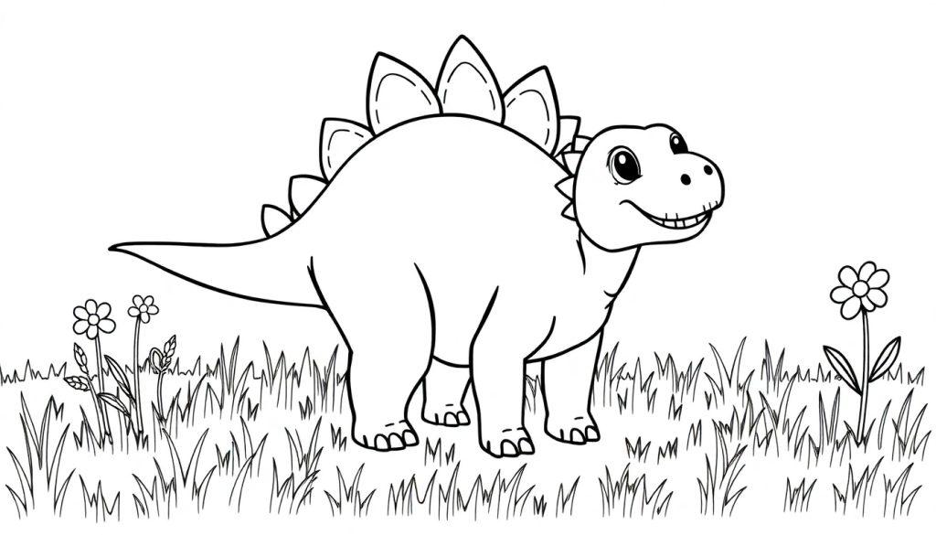 Eine Schwarz-Weiß-Farbtafel eines lächelnden Stegosaurus mit seinen Rückenplatten und Füßen, in einer grasbewachsenen Umgebung mit Blumen.