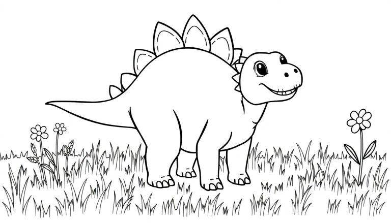 Eine Schwarz-Weiß-Farbtafel eines lächelnden Stegosaurus mit seinen Rückenplatten und Füßen, in einer grasbewachsenen Umgebung mit Blumen.
