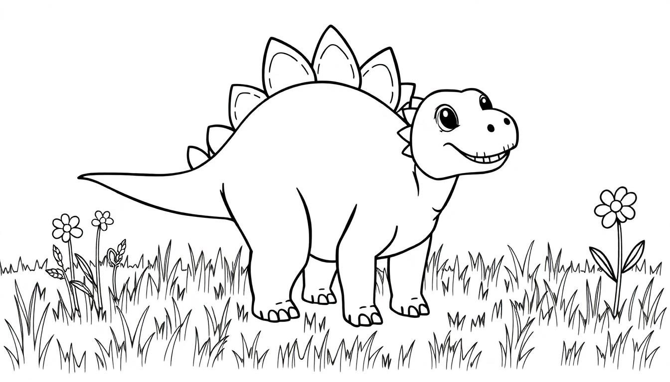 Eine Schwarz-Weiß-Farbtafel eines lächelnden Stegosaurus mit seinen Rückenplatten und Füßen, in einer grasbewachsenen Umgebung mit Blumen.