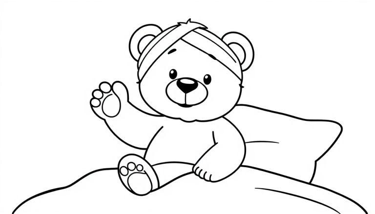Schwarz-Weiß-Farbtafel-Zeichnung eines niedlichen Teddybären mit einem Verband am Kopf, der in einem Bett sitzt und winkt.