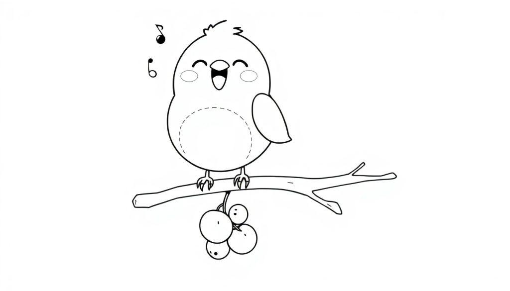 Eine niedliche Schwarz-Weiß-Farbtafel eines kleinen Vogels, der auf einem Ast singt.