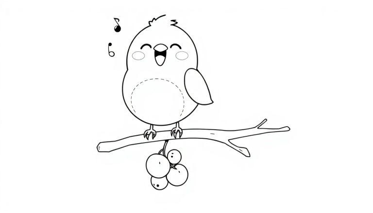 Eine niedliche Schwarz-Weiß-Farbtafel eines kleinen Vogels, der auf einem Ast singt.