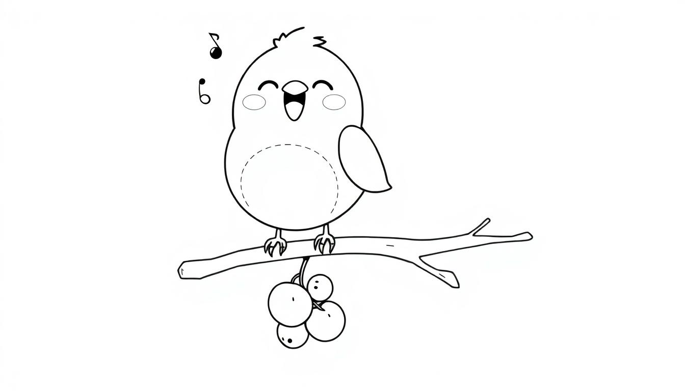 Eine niedliche Schwarz-Weiß-Farbtafel eines kleinen Vogels, der auf einem Ast singt.