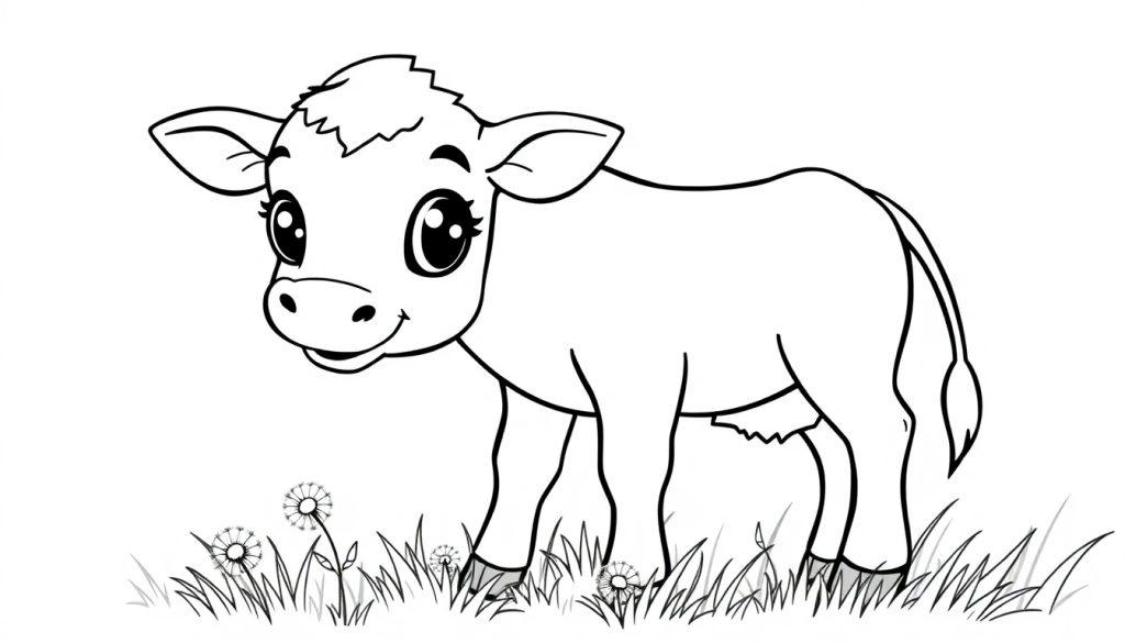 Eine niedliche Schwarz-Weiß-Farbtafel eines Kalbs im Cartoon-Stil, das in Gras mit Gänseblümchen steht.