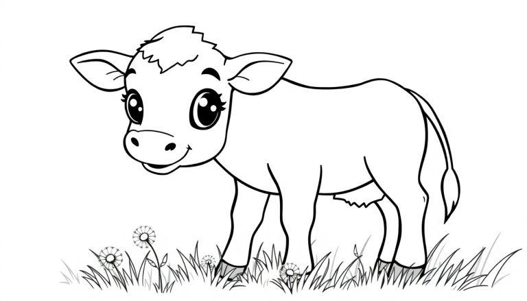 Eine niedliche Schwarz-Weiß-Farbtafel eines Kalbs im Cartoon-Stil, das in Gras mit Gänseblümchen steht.