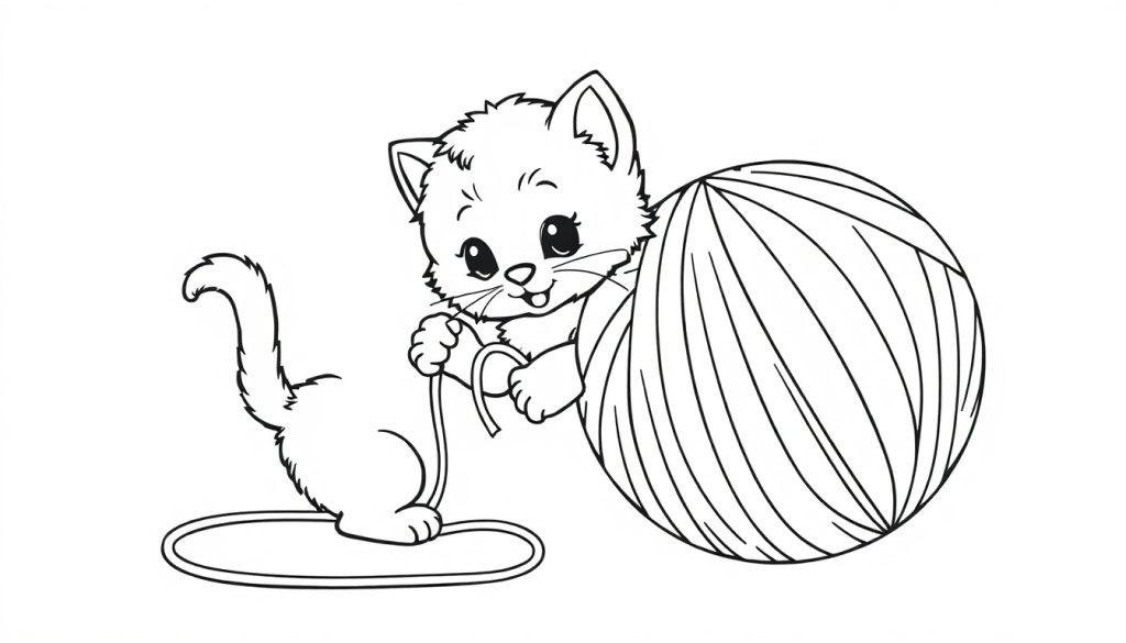 Schwarz-Weiß-Farbtafel eines Cartoon-Kätzchens, das mit einem Wollknäuel spielt.