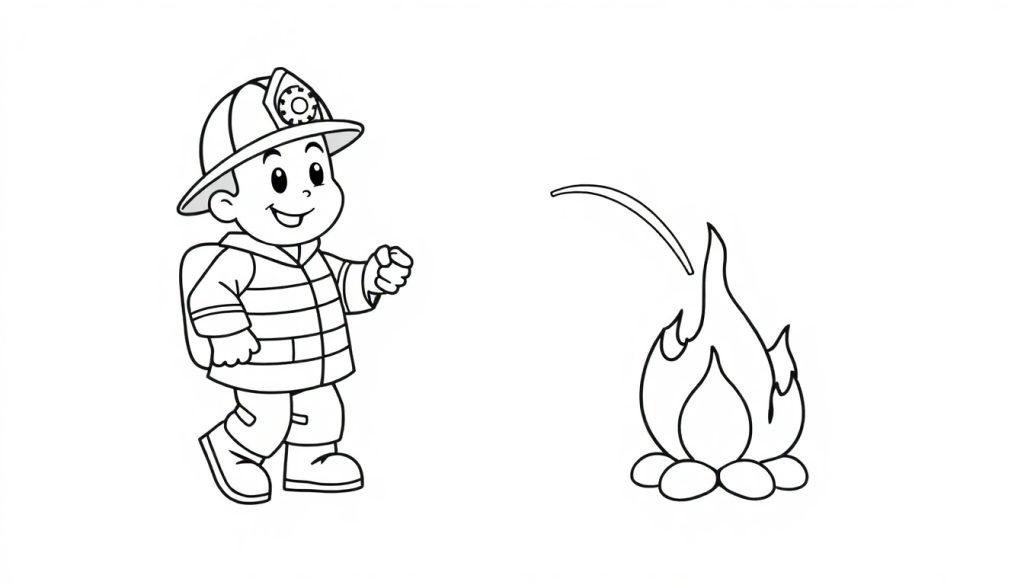 Schwarz-Weiß Malvorlage: Ein süßer Cartoon-Feuerwehrmann mit Helm und Ausrüstung, der entschlossen einer kleinen Flamme mit einem Wasserstrahl entgegentritt. Farbtafel für junge Helden.
