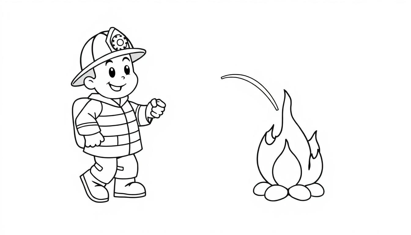 Schwarz-Weiß Malvorlage: Ein süßer Cartoon-Feuerwehrmann mit Helm und Ausrüstung, der entschlossen einer kleinen Flamme mit einem Wasserstrahl entgegentritt. Farbtafel für junge Helden.
