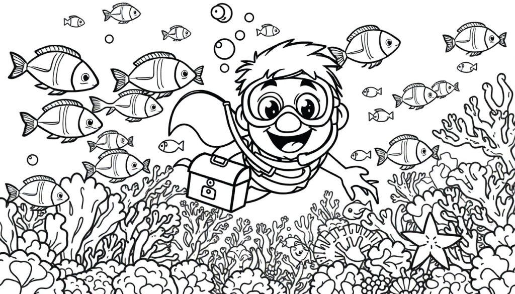 Schwarz-weiße Farbtafel eines fröhlichen Tauchers, der einen Fischschwarm und eine Schatztruhe im Meer entdeckt.