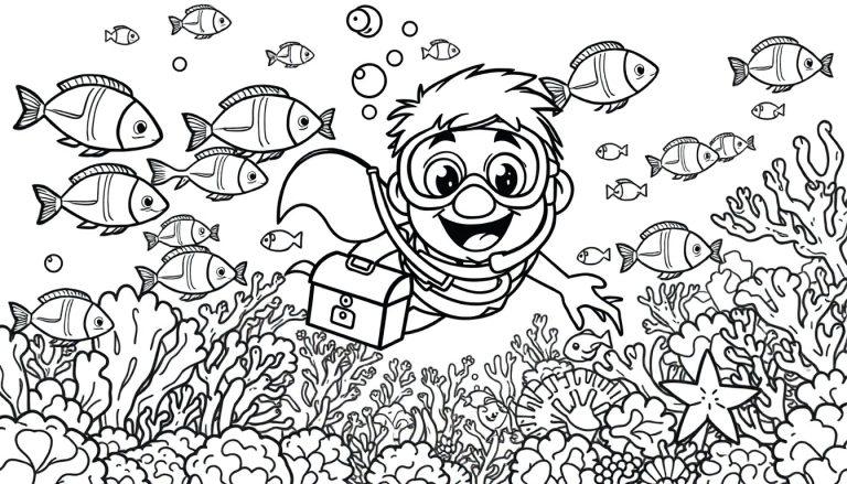Schwarz-weiße Farbtafel eines fröhlichen Tauchers, der einen Fischschwarm und eine Schatztruhe im Meer entdeckt.