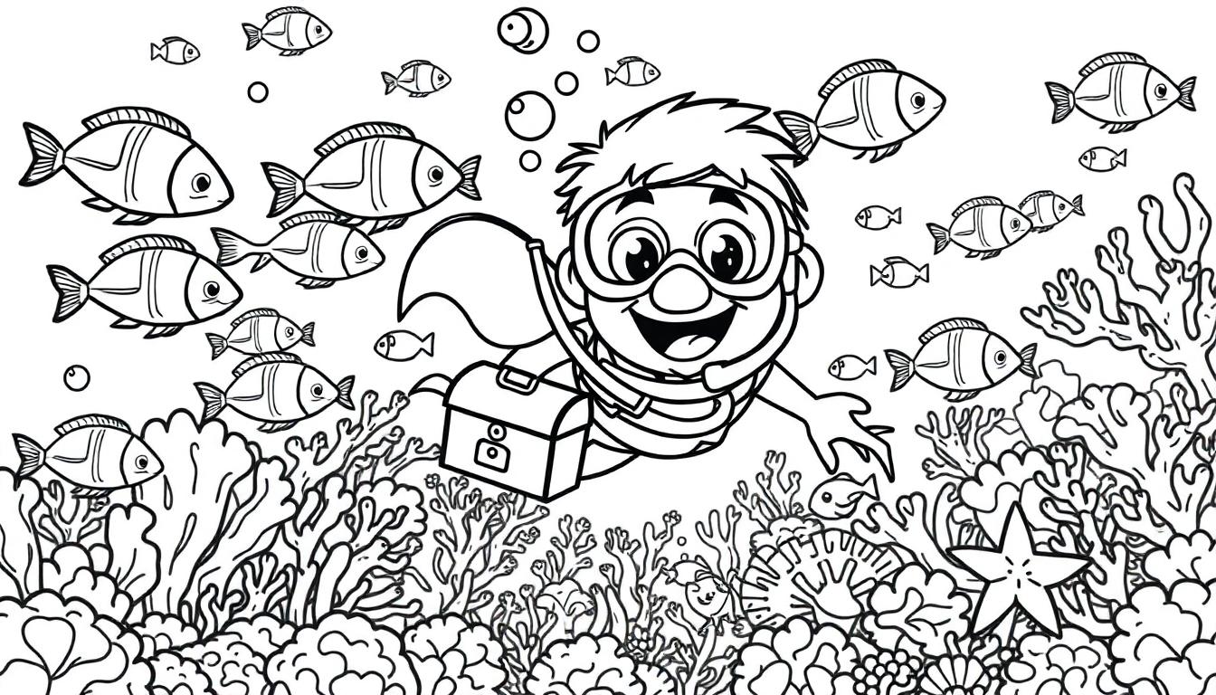 Schwarz-weiße Farbtafel eines fröhlichen Tauchers, der einen Fischschwarm und eine Schatztruhe im Meer entdeckt.