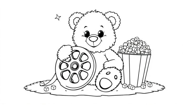 Schwarz-weiße Farbtafel: Ein Teddybär mit Filmrolle und Popcorn.