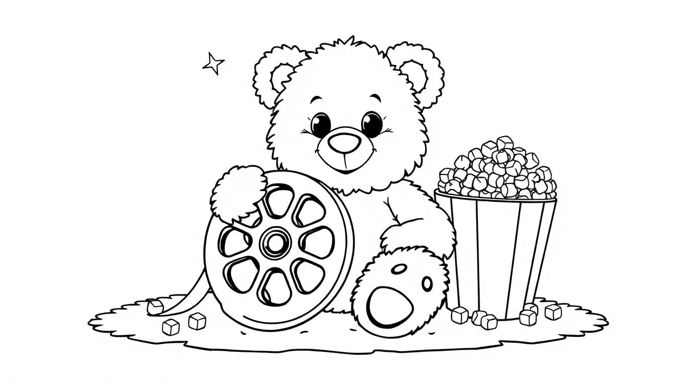 Schwarz-weiße Farbtafel: Ein Teddybär mit Filmrolle und Popcorn.