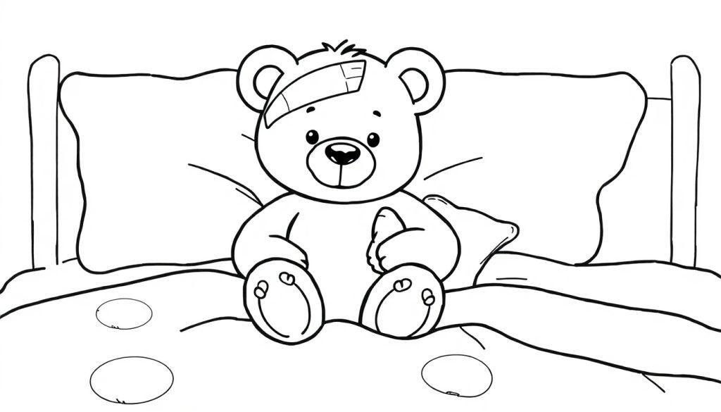 Ein freundlicher Cartoon-Teddybär mit einem Verband am Kopf sitzt auf einem Bett mit einer Decke mit Kreisen. Eine Farbtafel zum Ausmalen.
