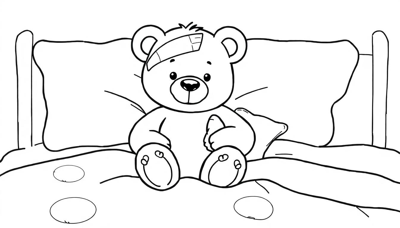 Ein freundlicher Cartoon-Teddybär mit einem Verband am Kopf sitzt auf einem Bett mit einer Decke mit Kreisen. Eine Farbtafel zum Ausmalen.