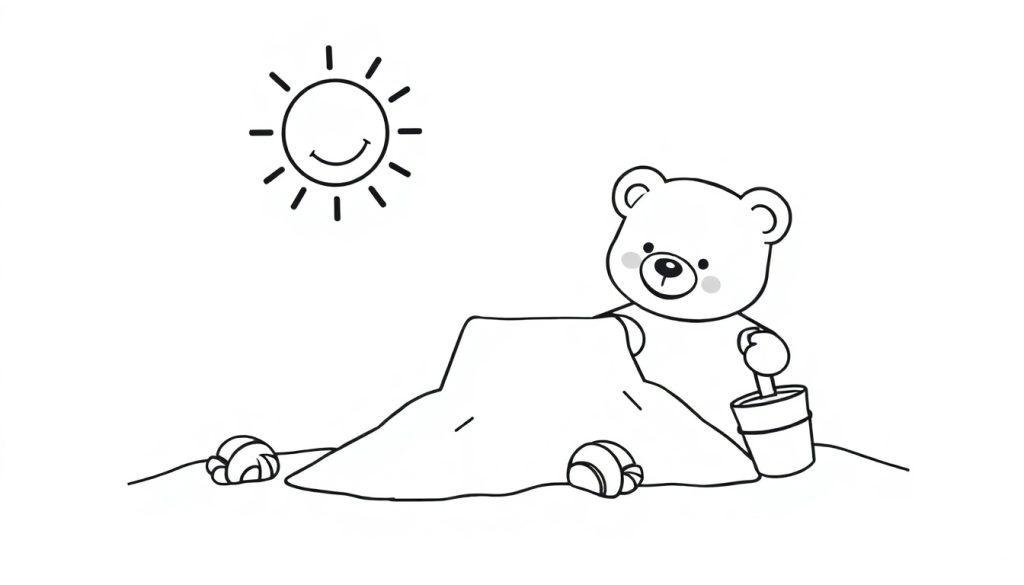 Schwarz-weiße Farbtafel: Ein süßer Teddybär baut mit einem Eimer im Sandkasten am Strand, während die Sonne lacht.