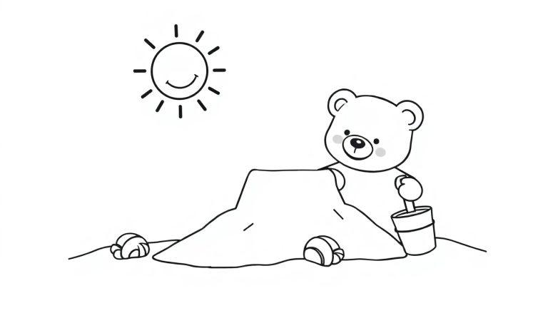 Schwarz-weiße Farbtafel: Ein süßer Teddybär baut mit einem Eimer im Sandkasten am Strand, während die Sonne lacht.