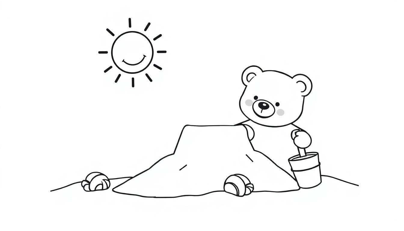 Schwarz-weiße Farbtafel: Ein süßer Teddybär baut mit einem Eimer im Sandkasten am Strand, während die Sonne lacht.