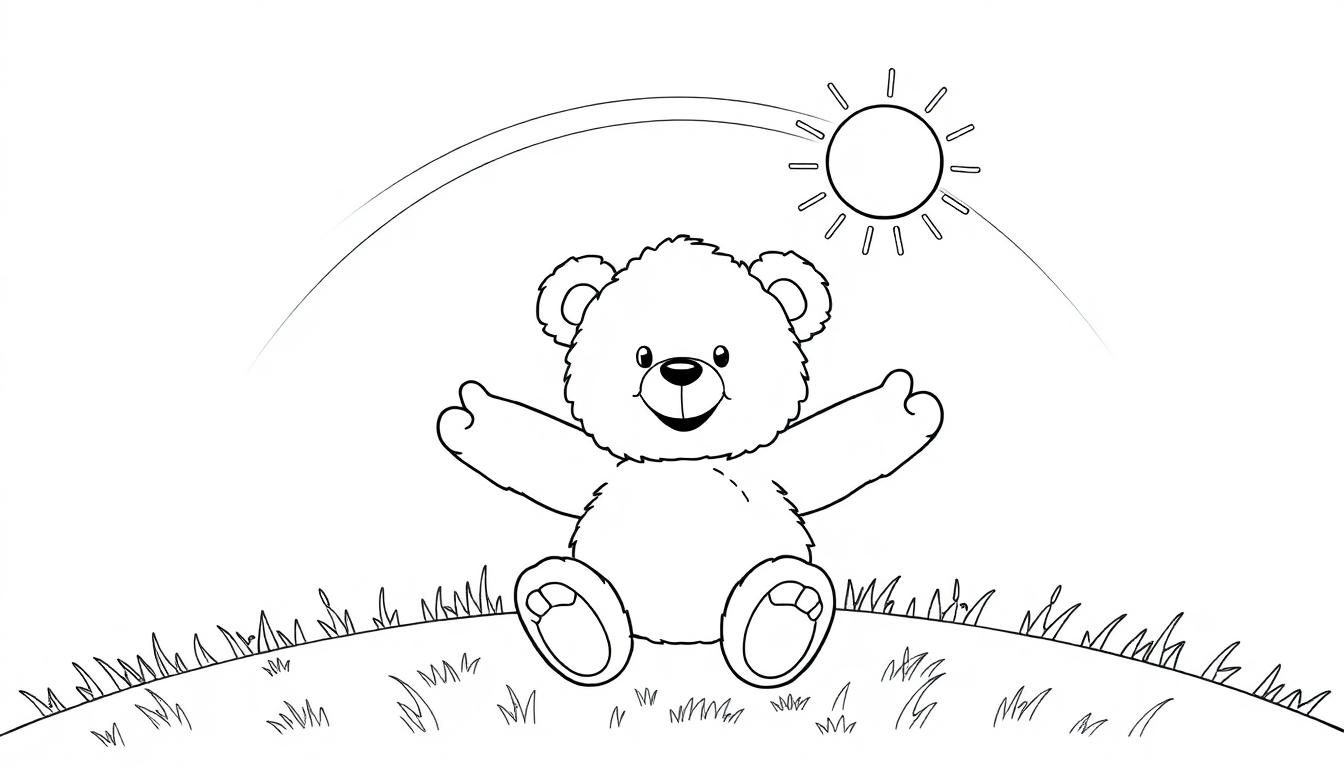 Schwarz-weiß Farbtafel-Illustration eines Teddybären, der auf einem Hügel sitzt, mit einem stilisierten Regenbogen und einer Sonne im Hintergrund.