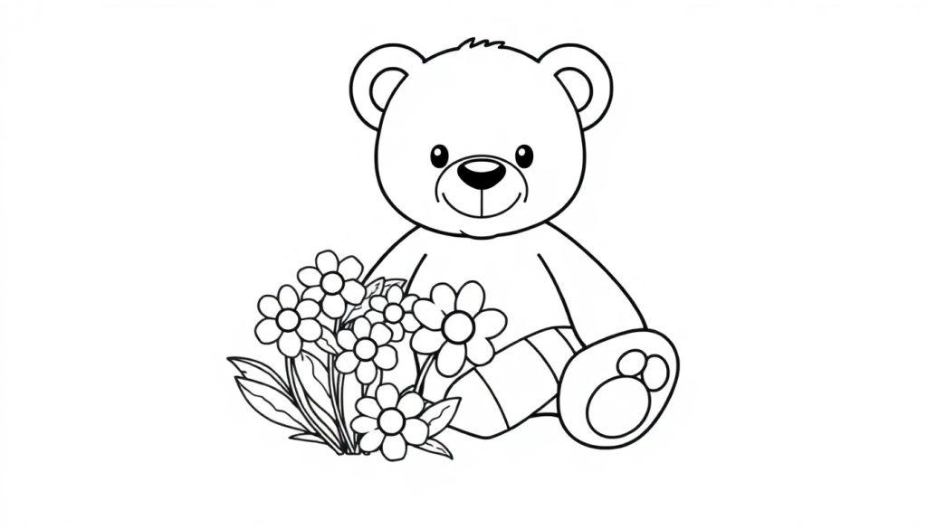 Schwarz-weiß Farbtafel eines Teddybären mit Blumen.