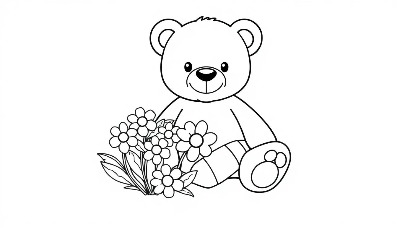 Schwarz-weiß Farbtafel eines Teddybären mit Blumen.