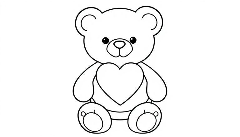 Eine Schwarz-Weiß-Farbtafel eines niedlichen Cartoon-Teddybären mit einem Herzen auf dem Bauch.