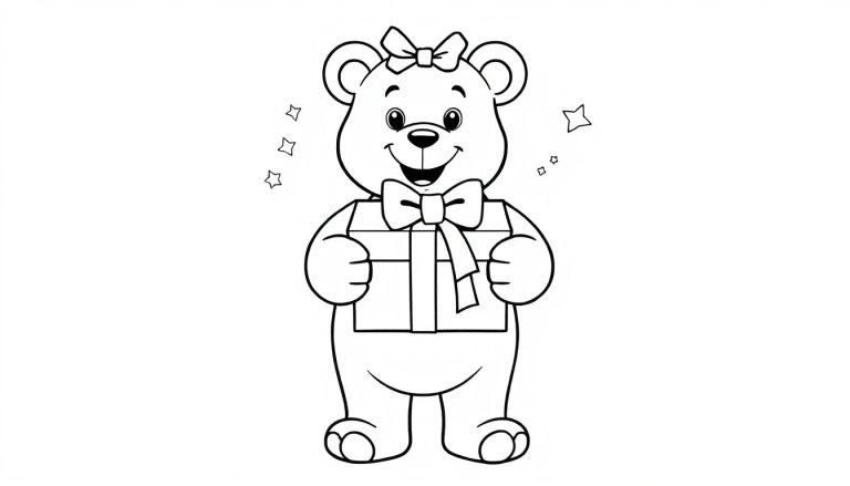 Schwarz-weiße Farbtafel eines Teddybären, der ein Geschenk mit Schleife hält und einen Stern auf dem Kopf trägt.